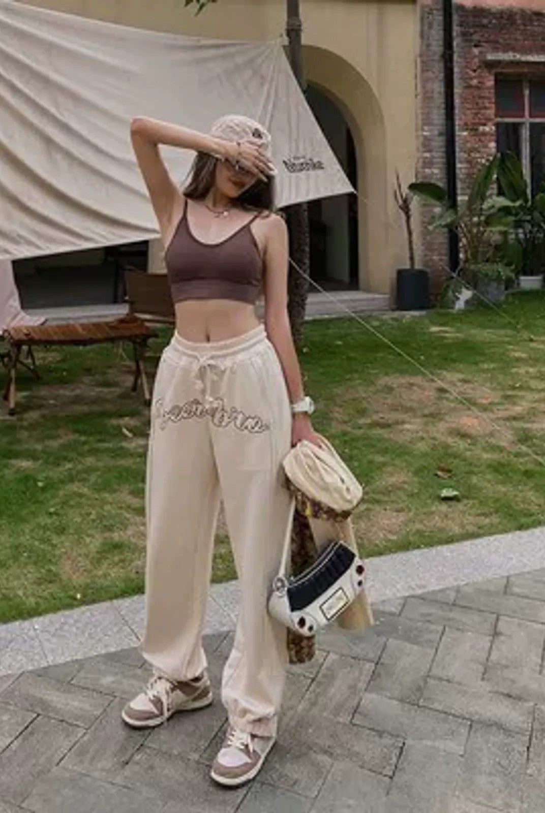 BeerBro Fleece Lined Split Hem Sweatpants in Cream - On Female Model