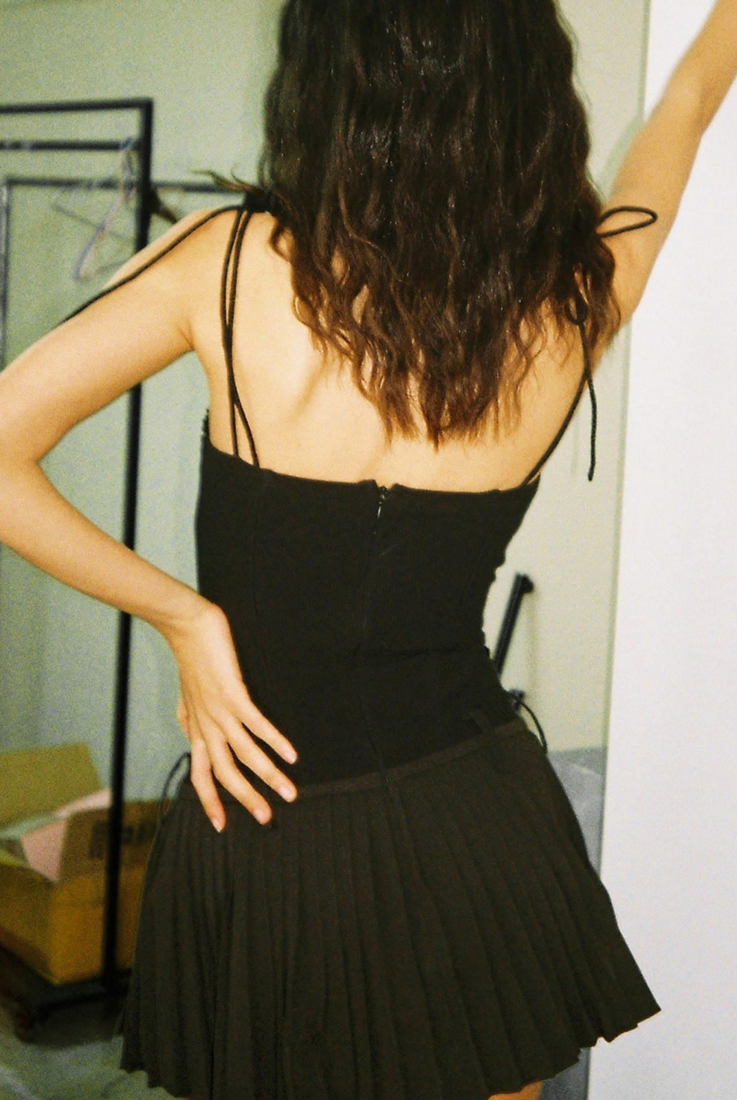 SweetChilling Pleated Paneled Slip Mini Dress in Black - On Female Model