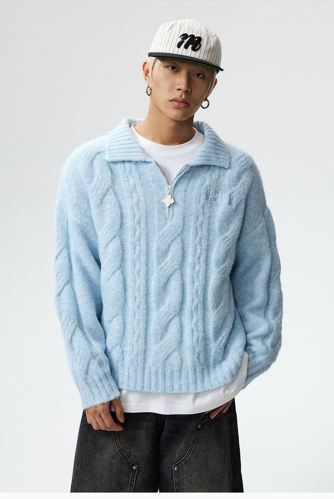 MEDM Cable Knit Quarter Zip Sweater in Sky Blue - On Male Model