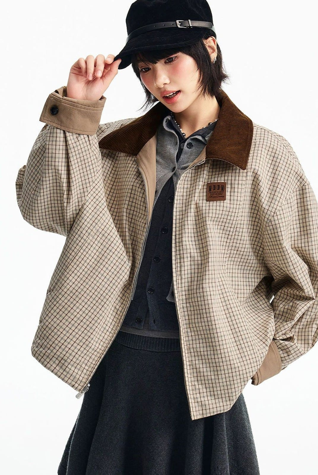MEDM Reversible Cotton Zip Up Barn Jacket in Beige - On Female Model