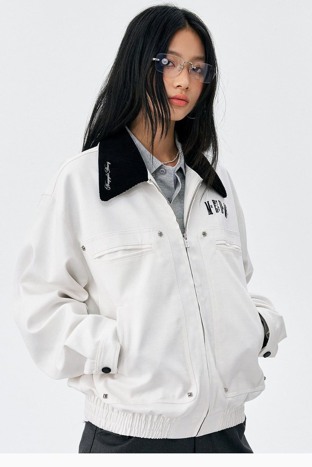 MEDM Embroidered Harrington Jacket in White - On Female Model