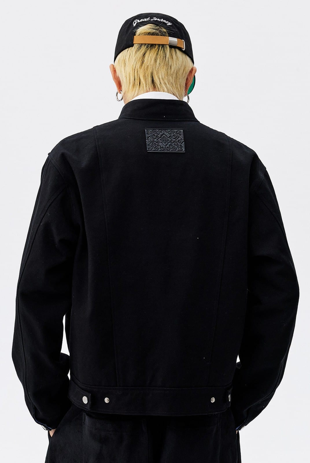 MEDM Plaid Collar Cotton Zip Up Jacket in Black - On Model