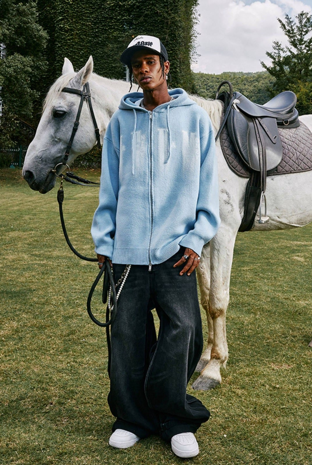 MEDM Zip Up Hooded Knit Cardigan in Sky Blue - On Male Model