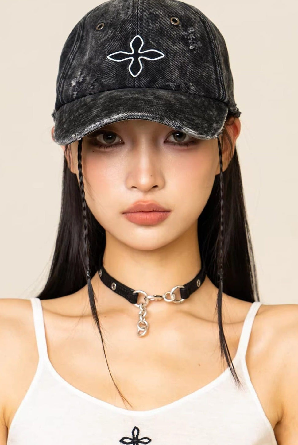 SMFK Distressed Cross Embroidered Baseball Cap in Black - On Female Model