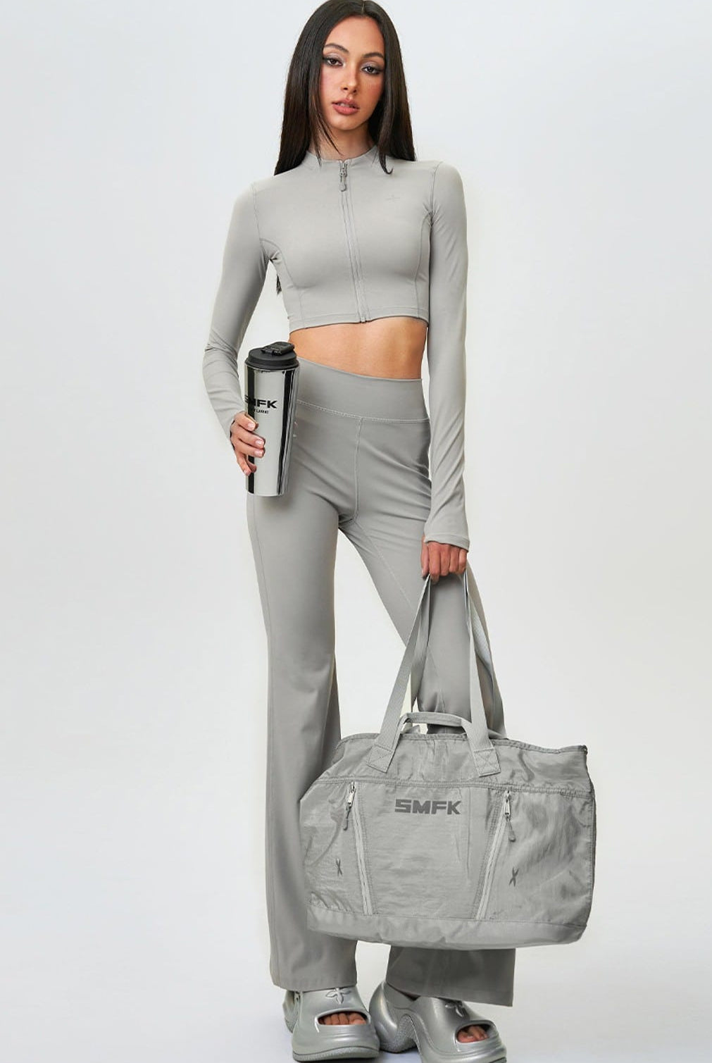 SMFK Large Polyamide Fitness Bag in Gray - On Female Model