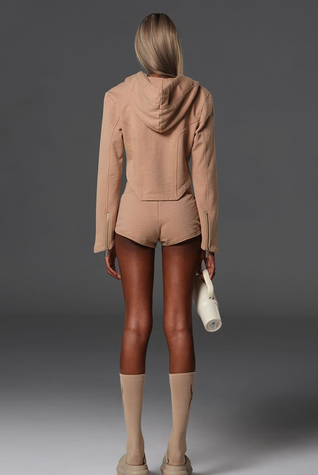 SMFK Cotton Blend Zip Up Hoodie in Beige - On Model