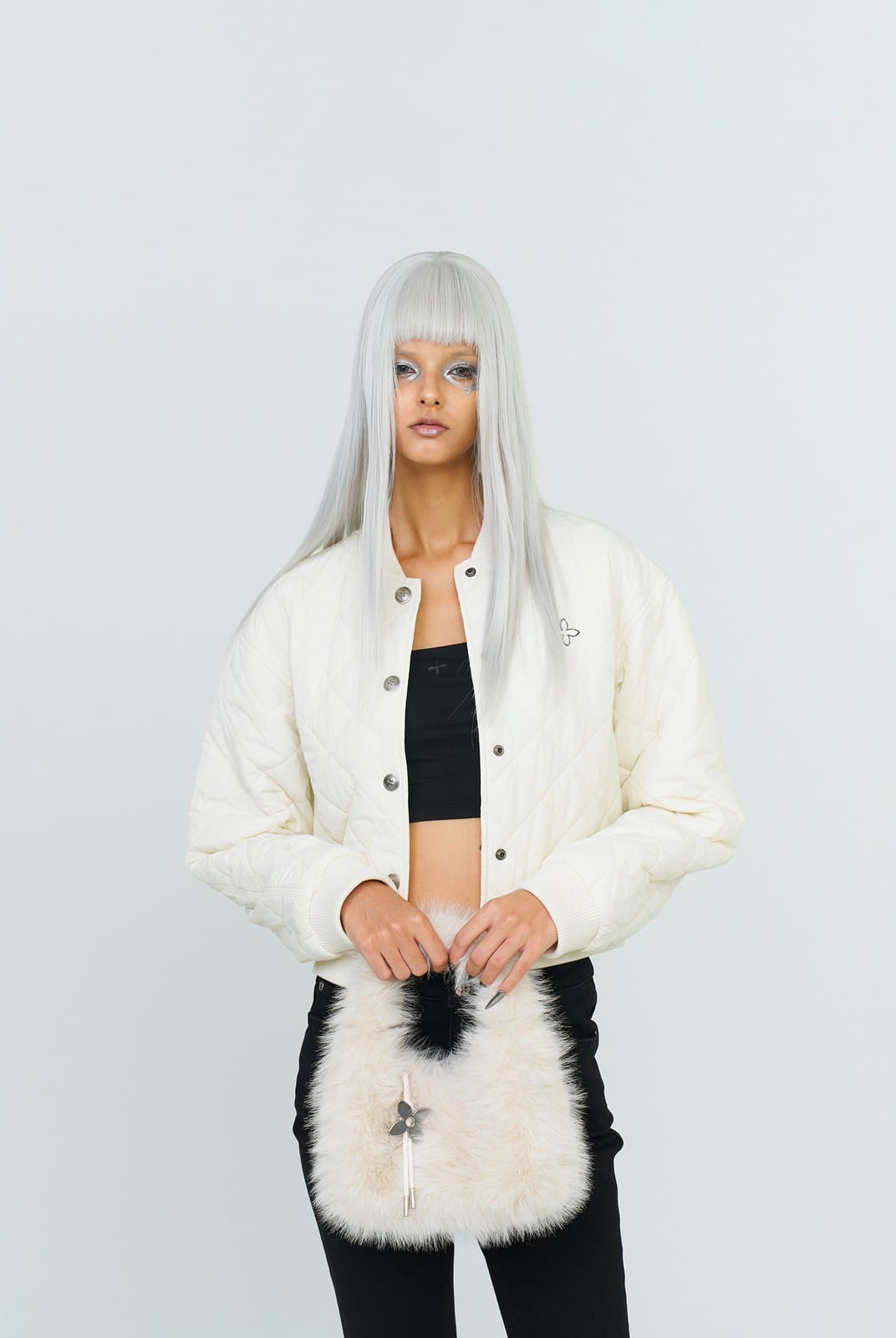 SMFK Plush Mini Handbag in White - On Female Model