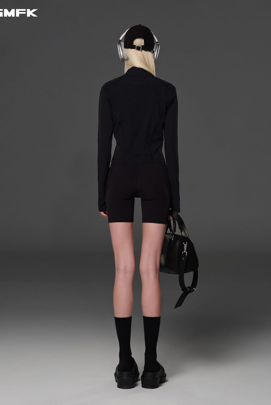 SMFK Cropped Stretch Nylon Track Jacket in Black - On Model