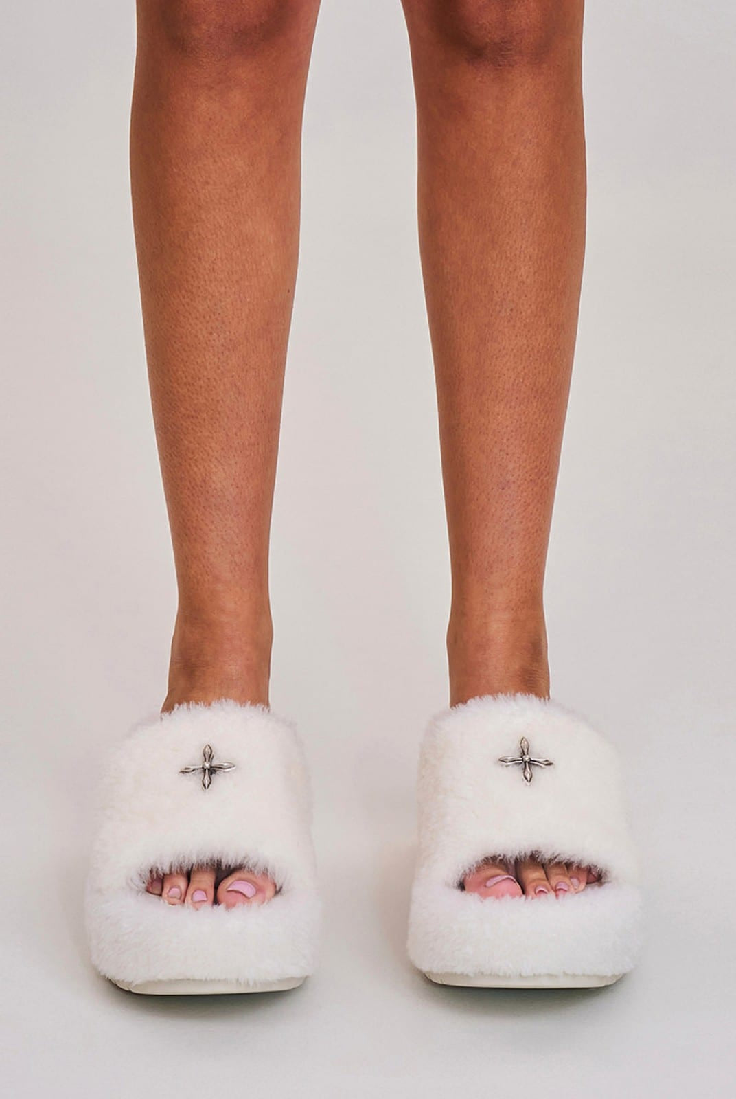 SMFK Cross Hardware Shearling High Heel Mules in White - On Female Model