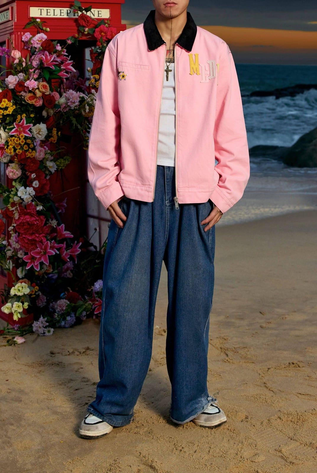 MEDM Leather Paneled Cotton Detroit Jacket in Pink - On Male Model