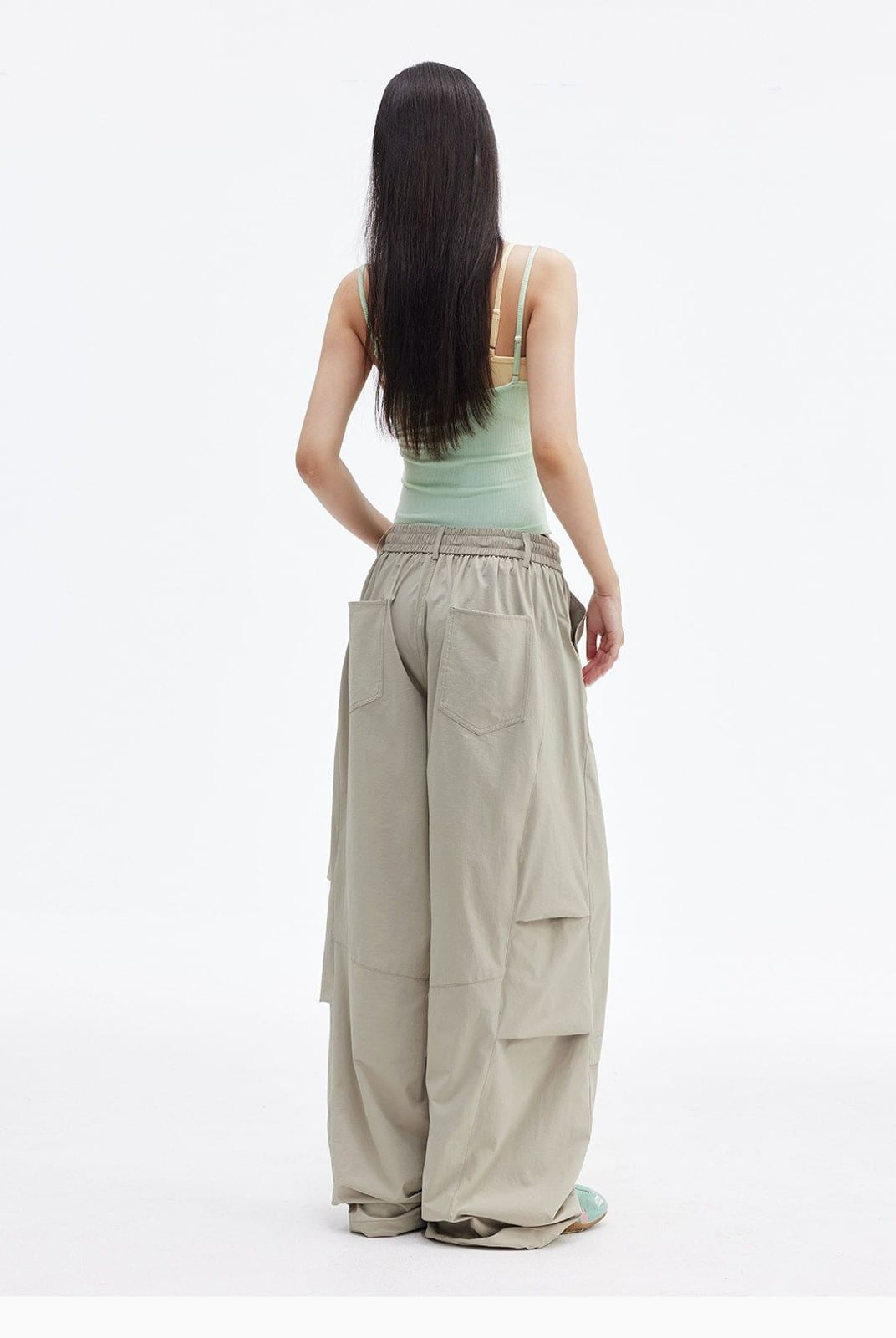 MEDM Crinkled Nylon Parachute Cargo Pants in Beige - On Model