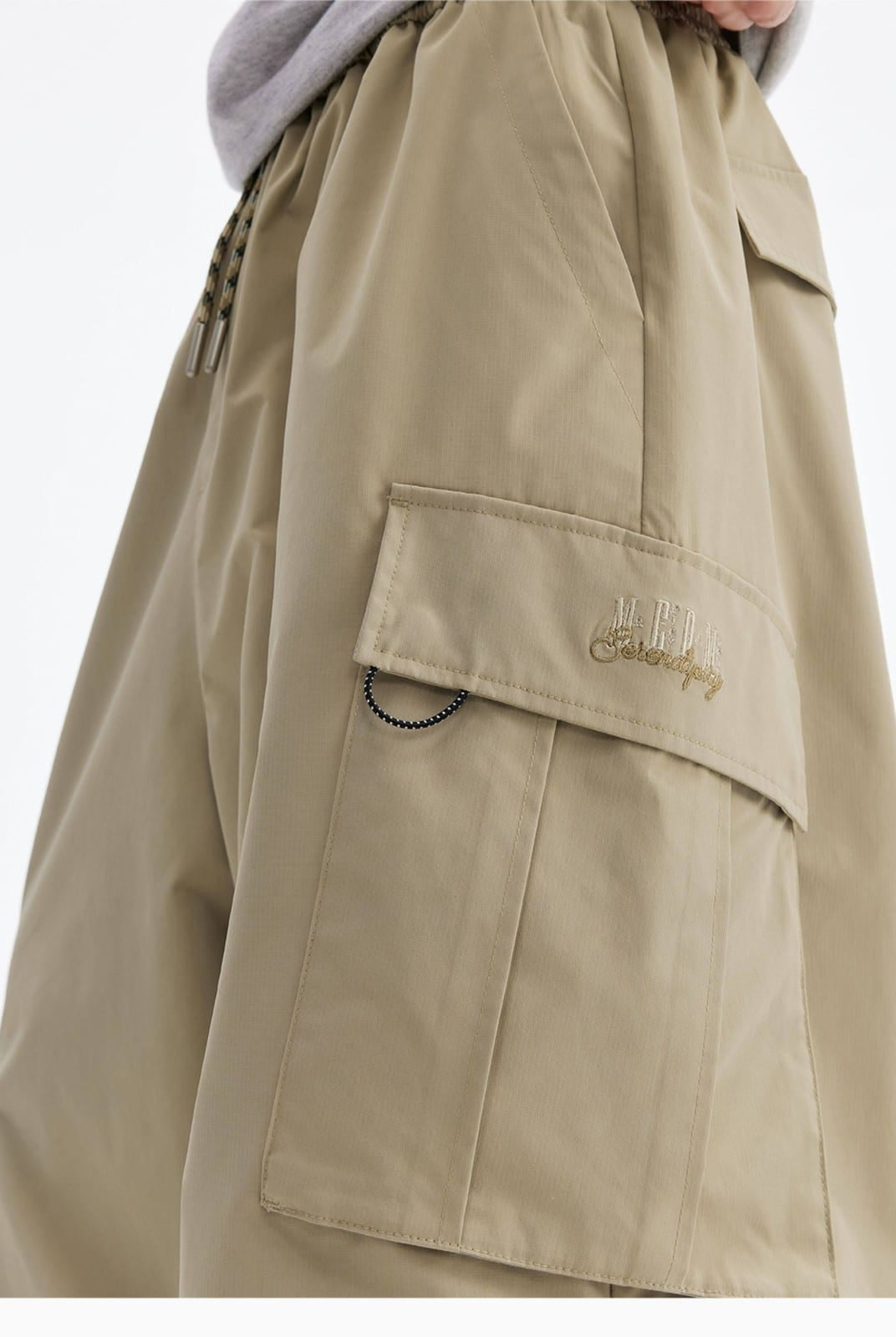 MEDM Multi Pocket Parachute Cargo Pants in Beige - On Model