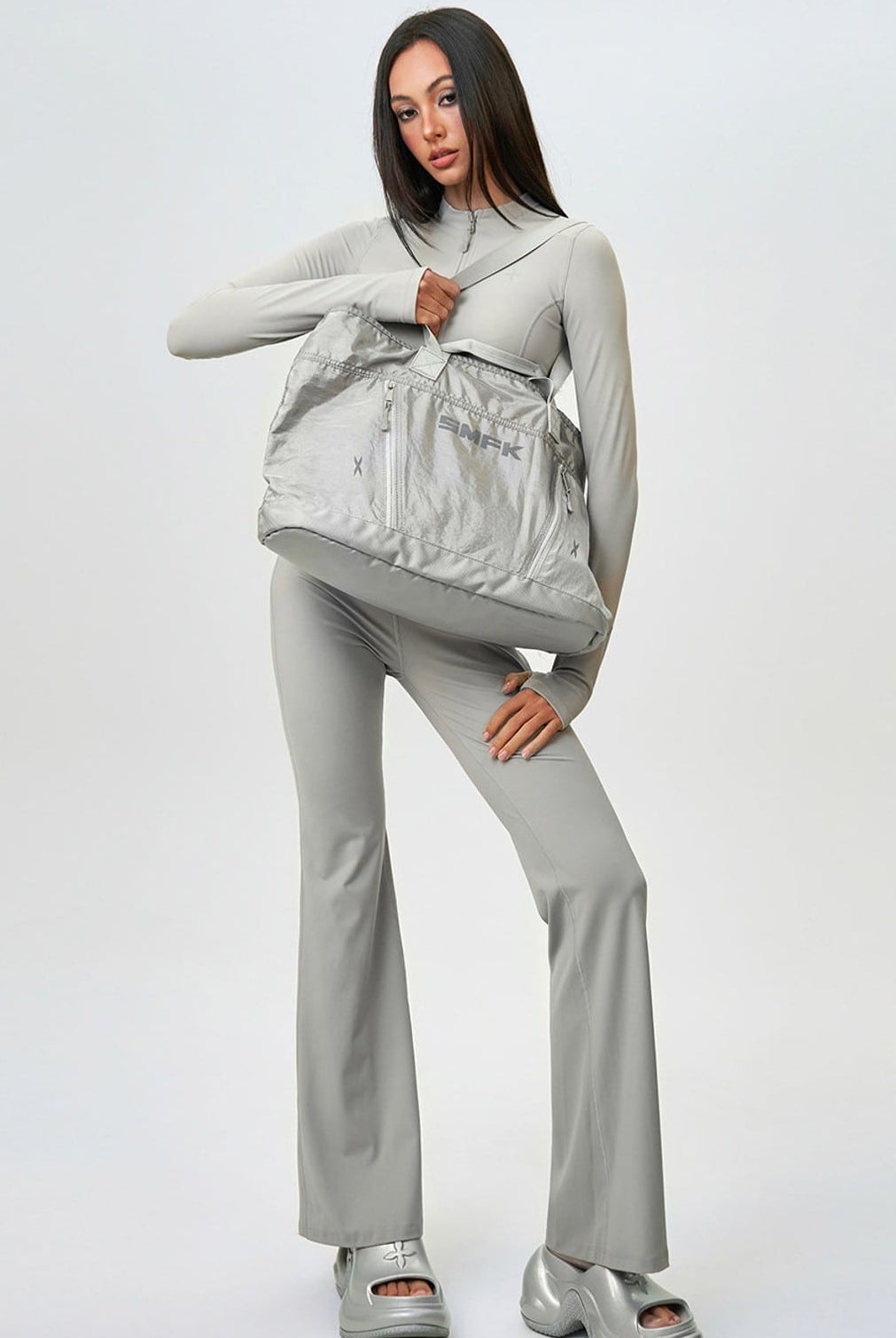 SMFK Large Polyamide Fitness Bag in Gray - On Female Model