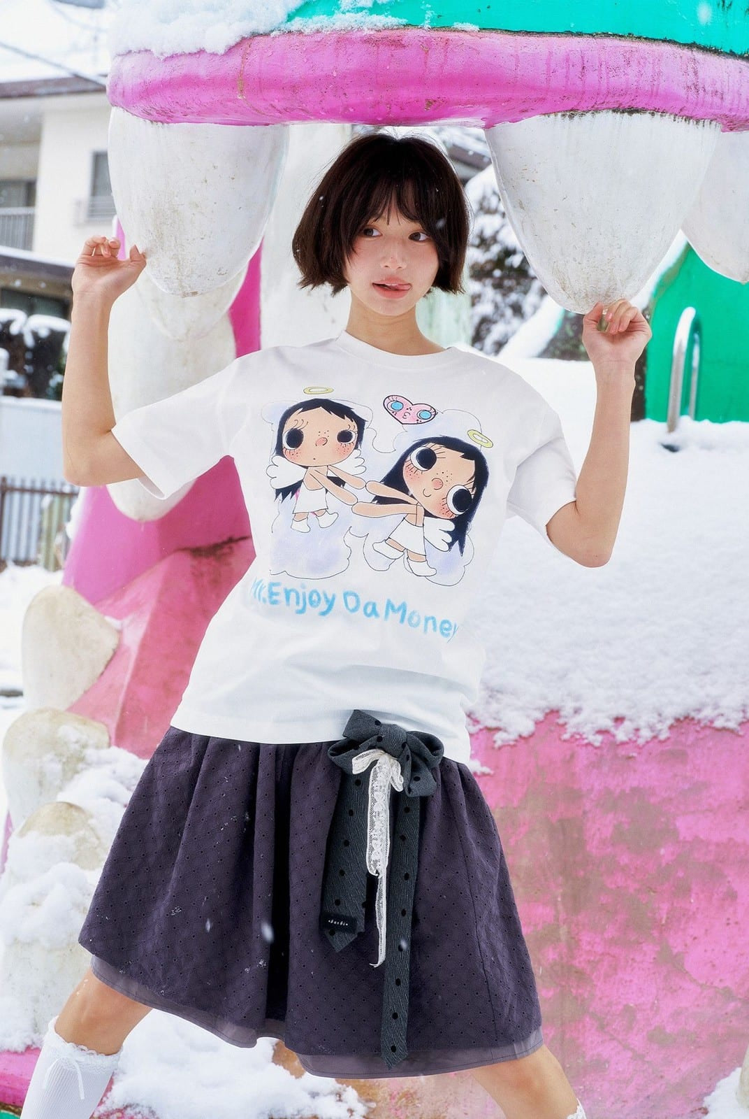 MEDM Embroidered Heart Cotton T Shirt in White - On Female Model