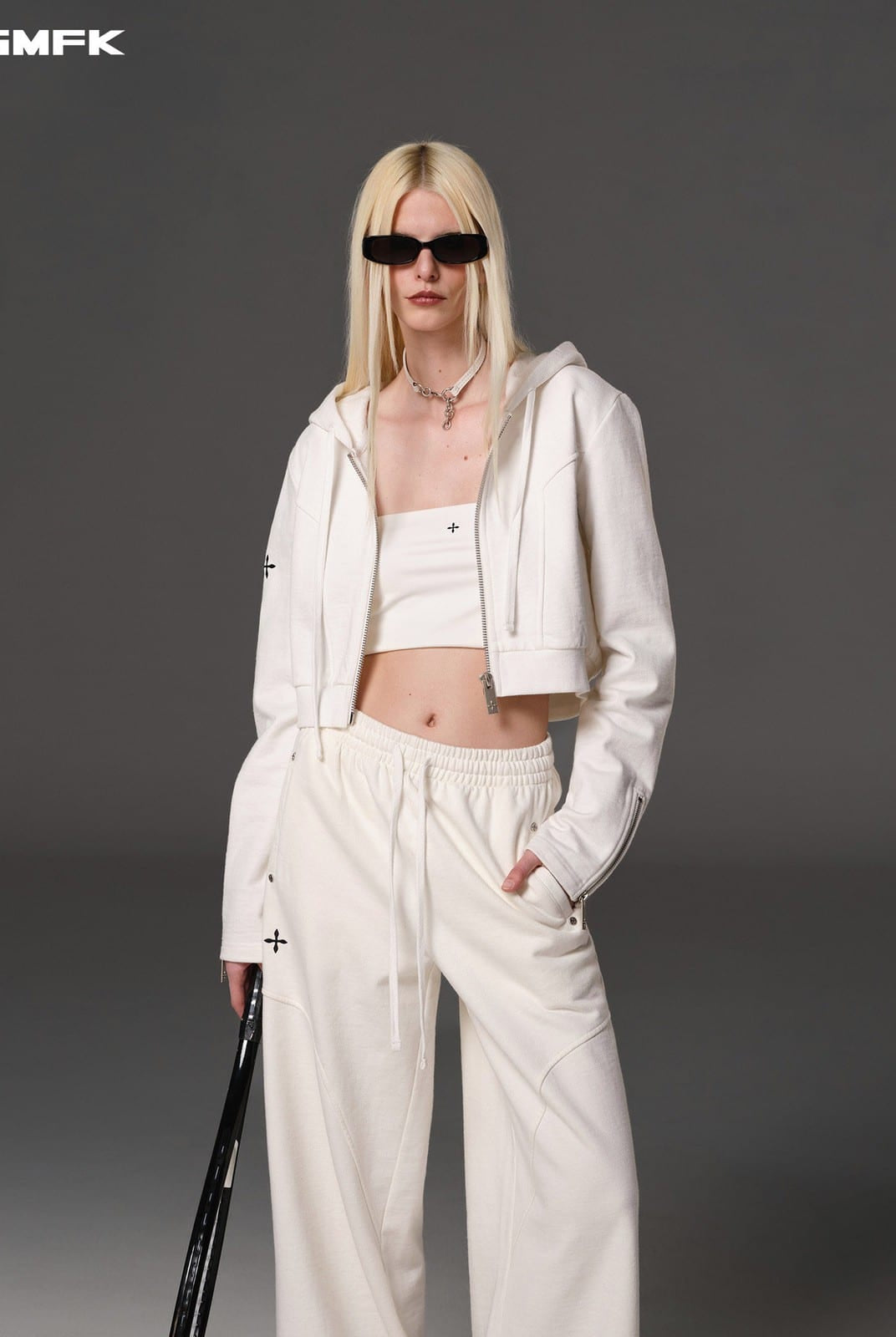 SMFK Cotton Wool Blend Cropped Zip Up Hoodie in White - On Female Model