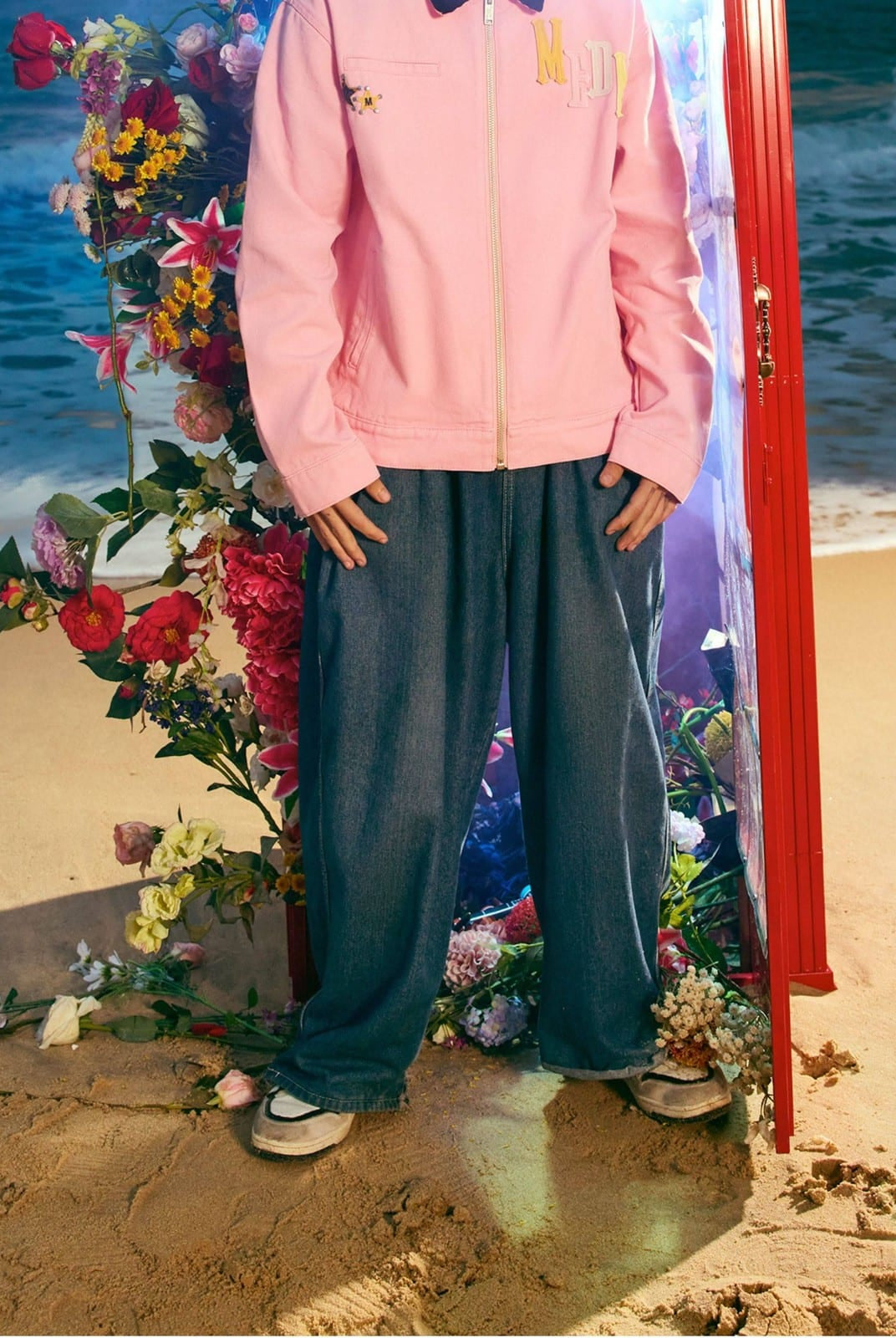 MEDM Leather Paneled Cotton Detroit Jacket in Pink - On Model