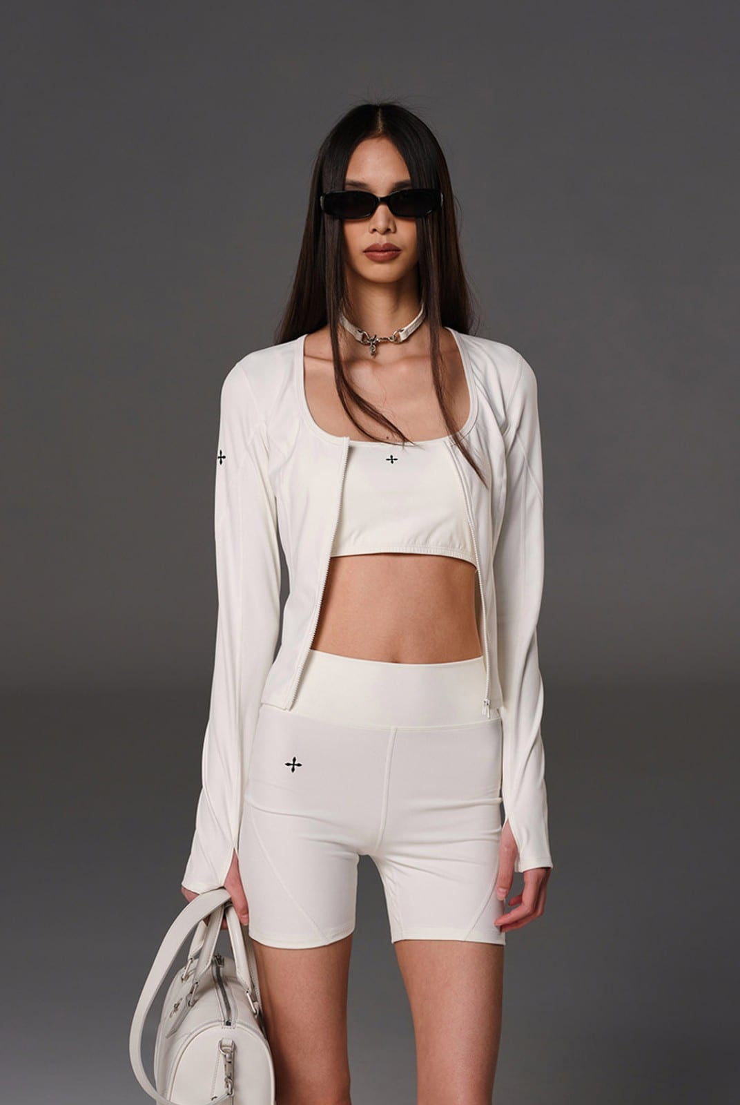 SMFK Scoop Neck Zip Up Sports Jacket in White - On Female Model