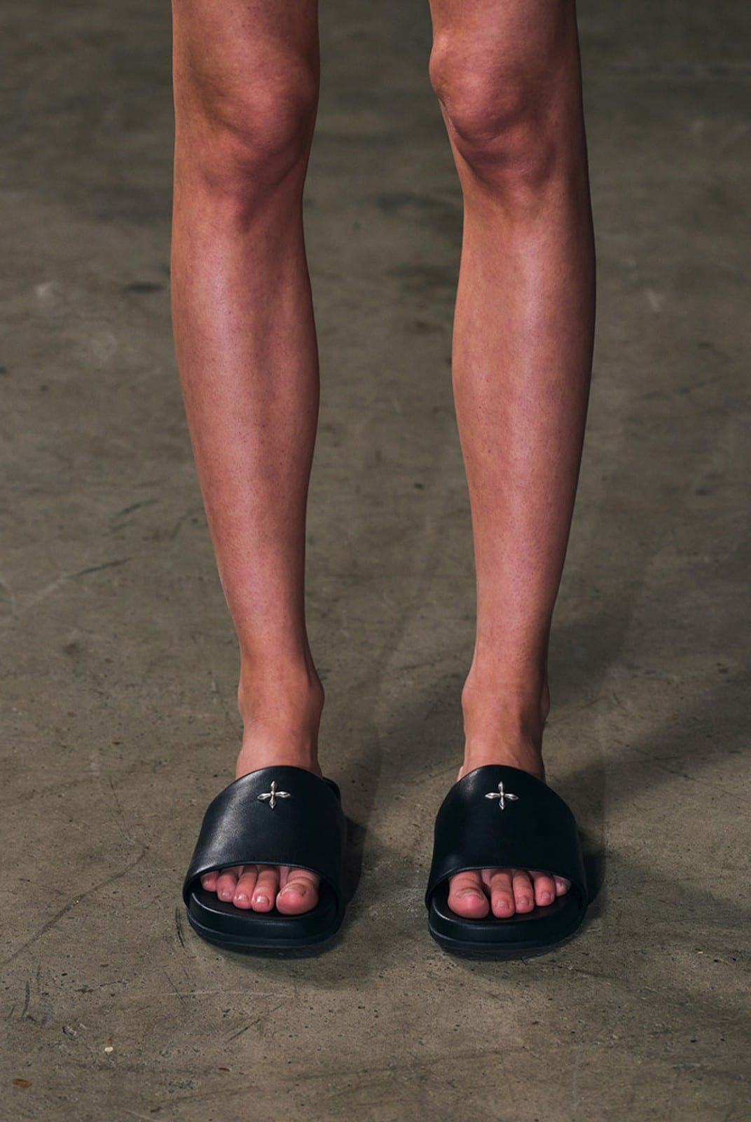 SMFK Leather Cross Detail Slide Sandals in Black - On Model
