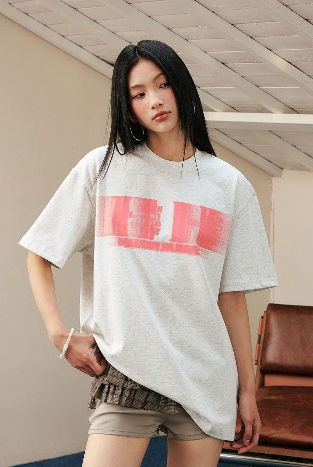 MEDM Glitch Logo Graphic Cotton T Shirt in Gray - On Female Model