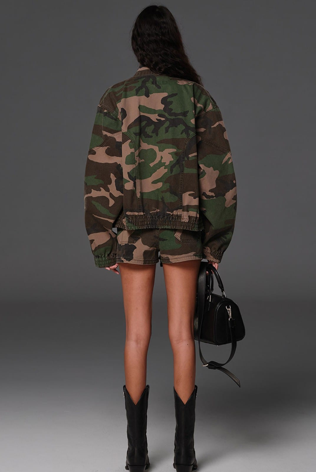 SMFK Camouflage Zip Up Cropped Jacket in Green - On Model