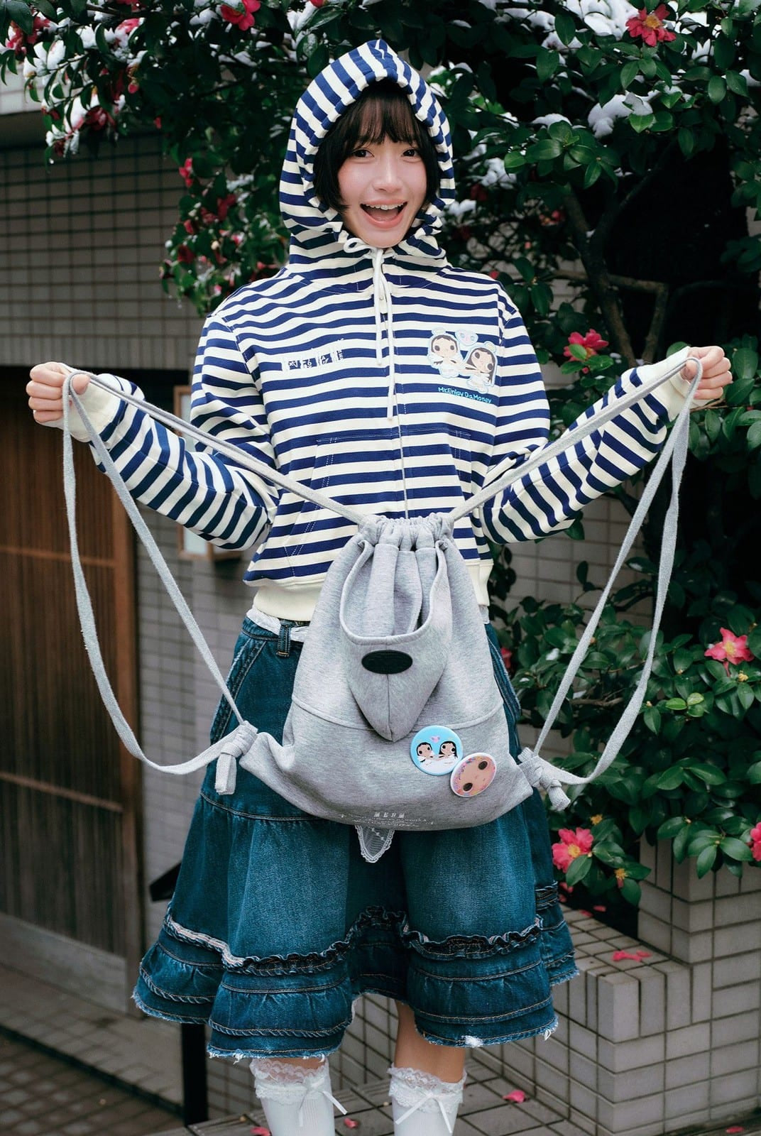 MEDM Cropped Striped Applique Zip Hoodie in Navy Blue - On Female Model