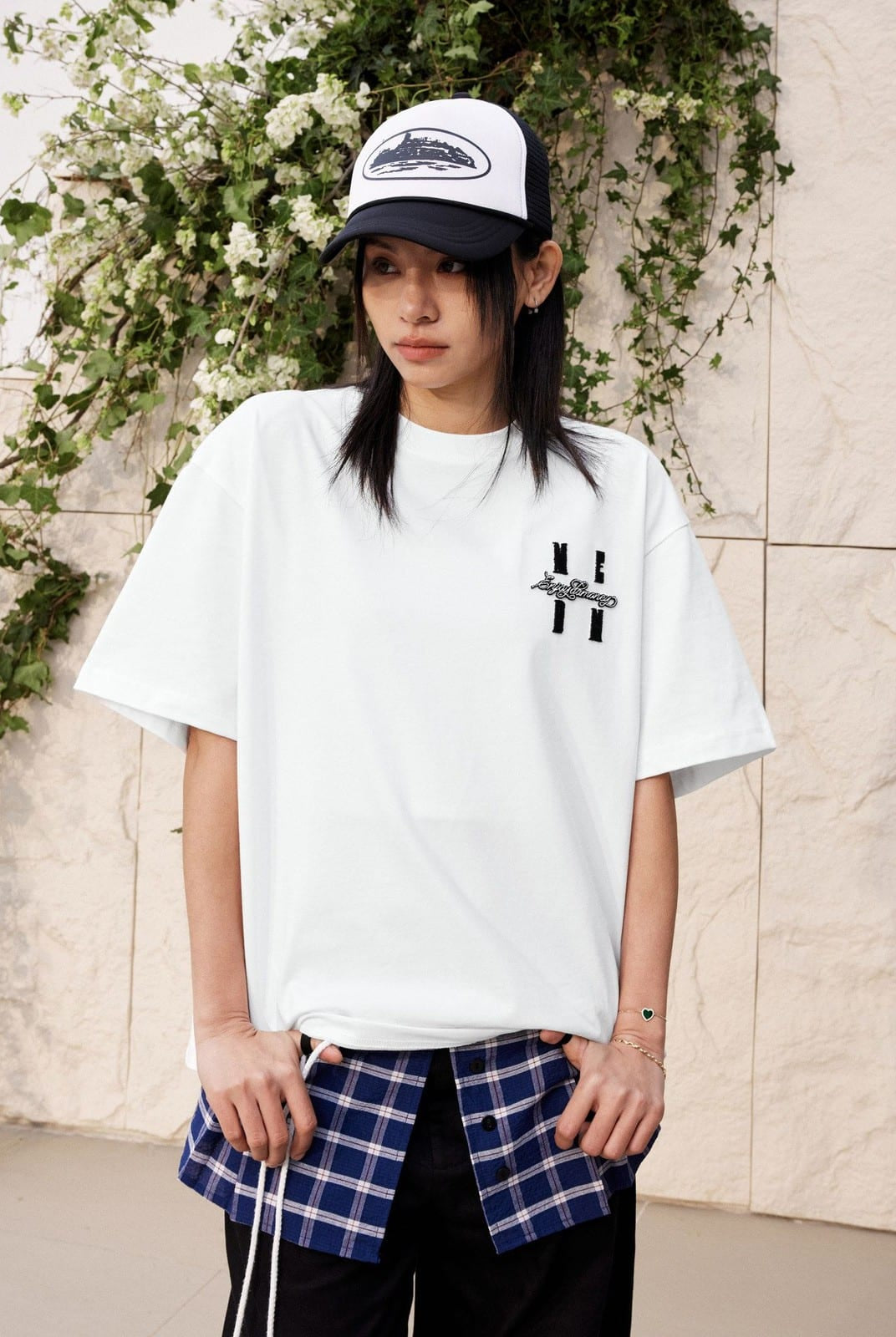 MEDM Tufted Logo Cotton T Shirt in White - On Female Model
