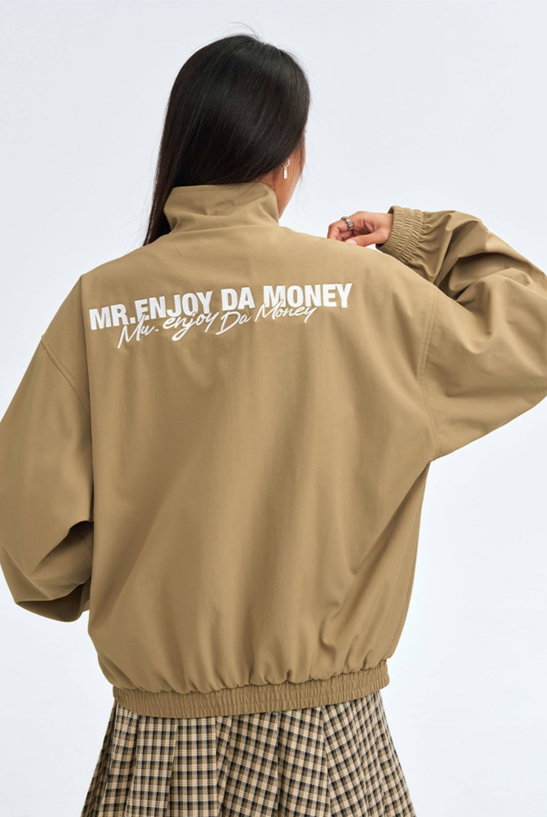 MEDM Nylon Stand Collar Coach Jacket in Beige - On Model