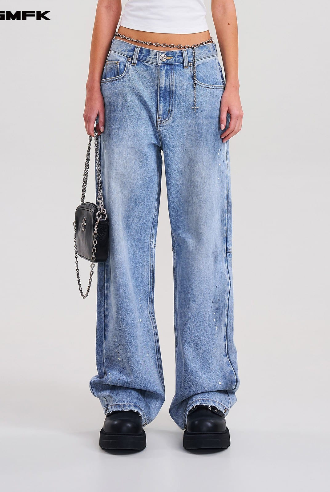 SMFK Washed Wide Leg Denim Jeans in Sky Blue - On Female Model