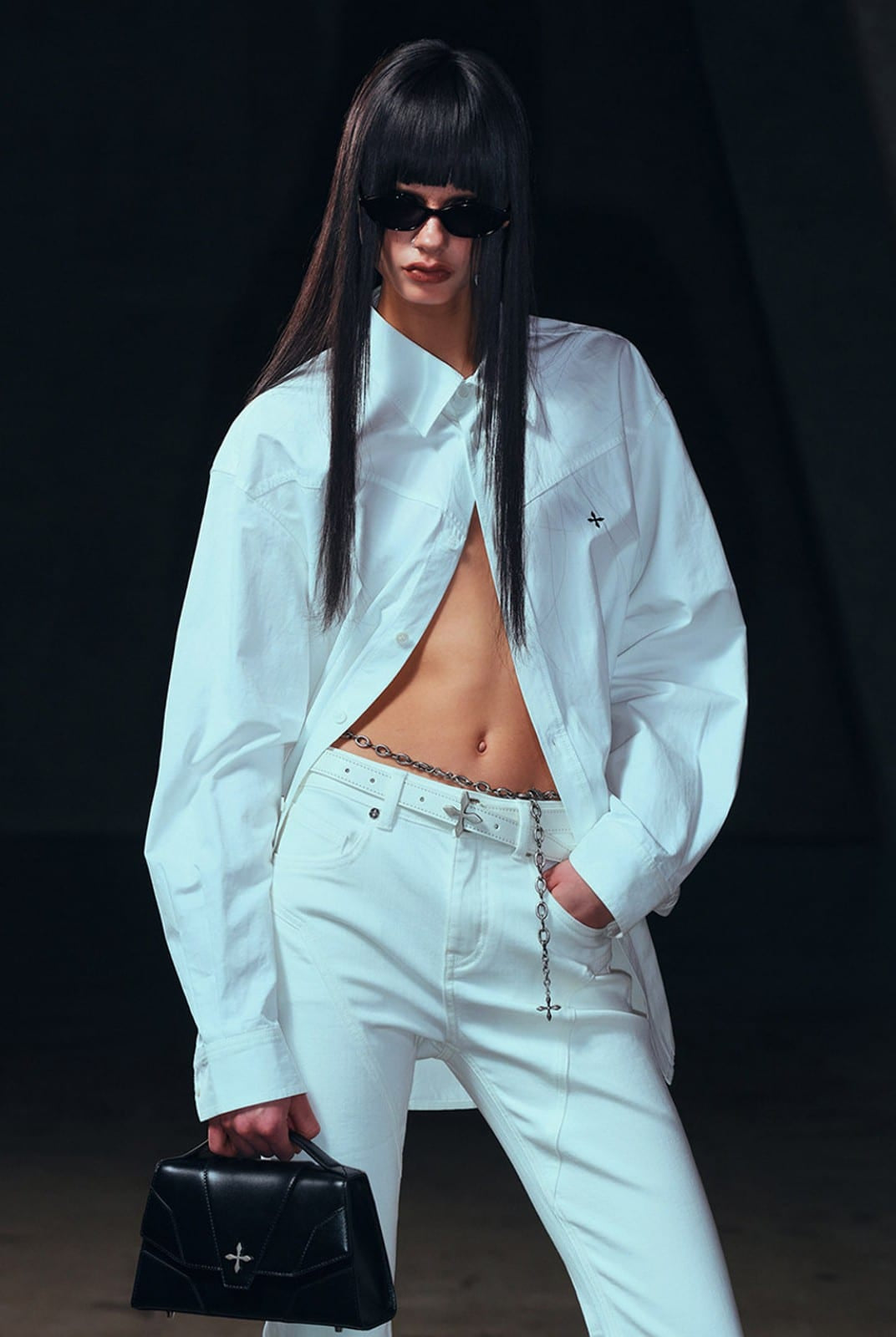 SMFK Thin Leather Cross Buckle Belt in White - On Female Model