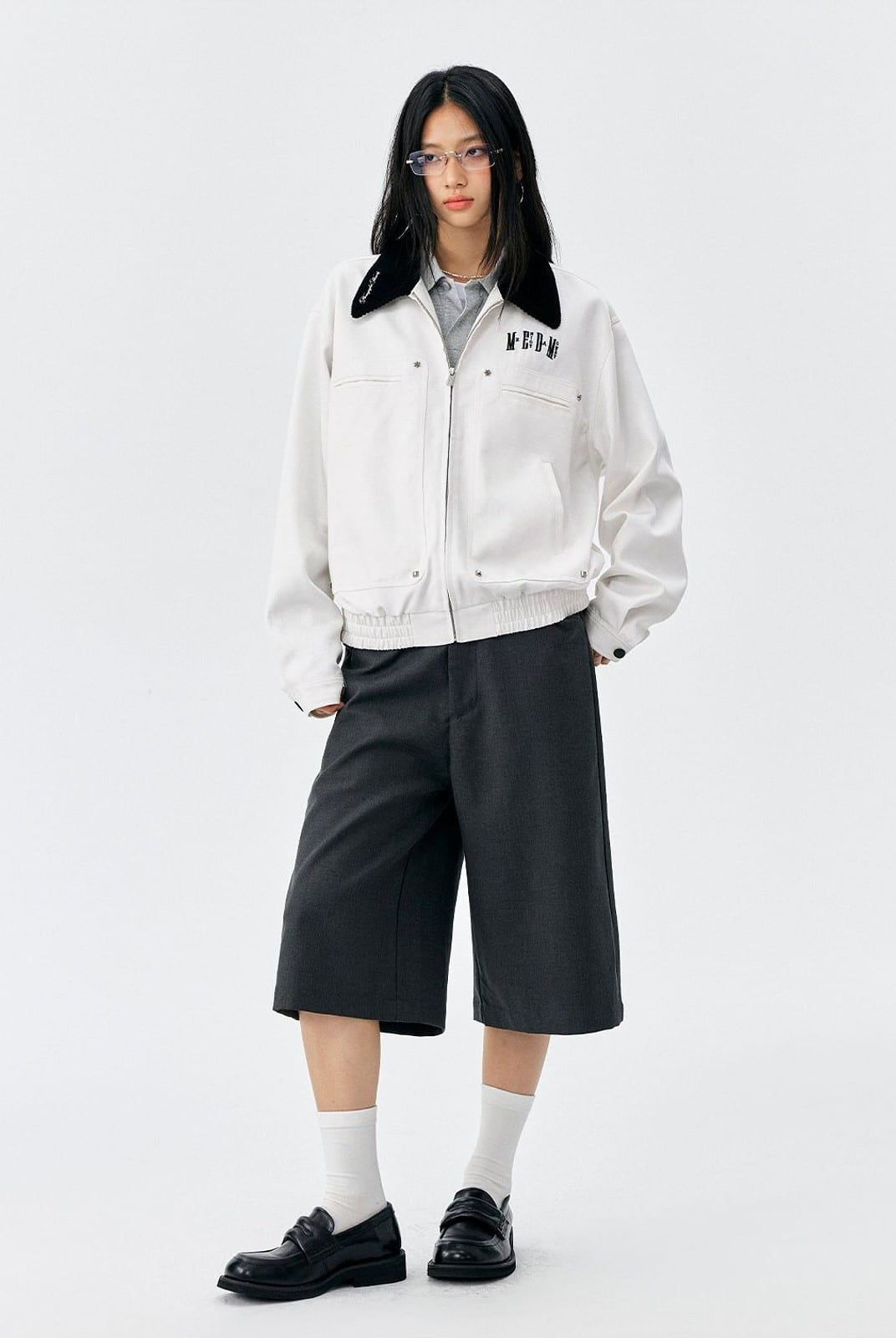 MEDM Embroidered Harrington Jacket in White - On Female Model