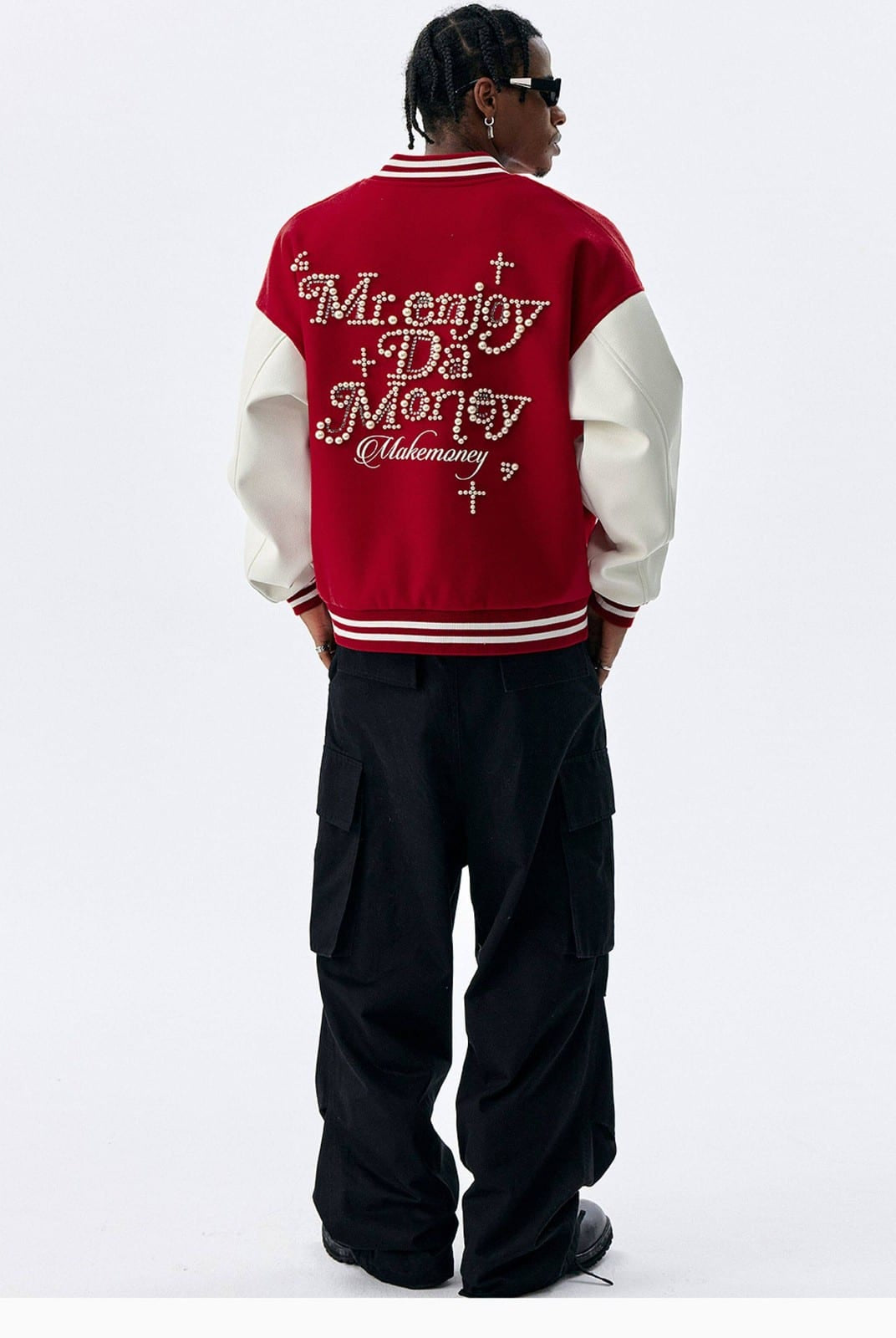 MEDM Pearl Embellished Varsity Jacket in Burgundy - On Male Model