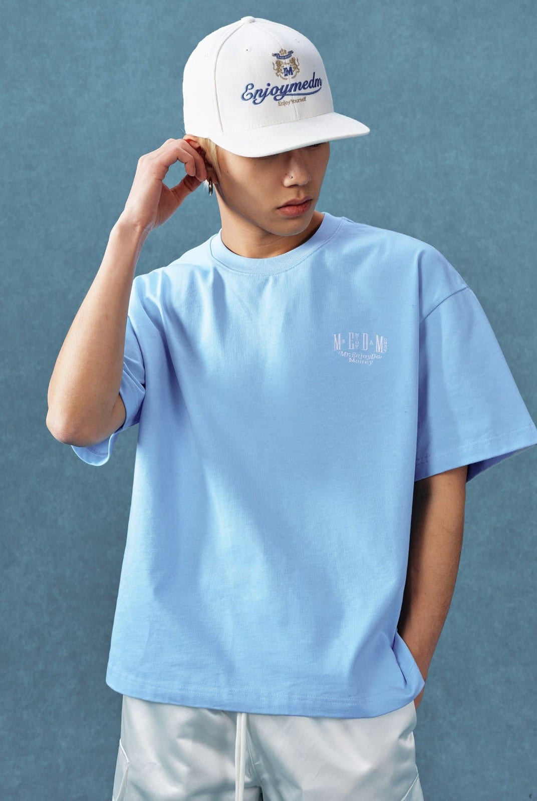 MEDM Letter Embroidery Cotton T Shirt in Sky Blue - On Male Model