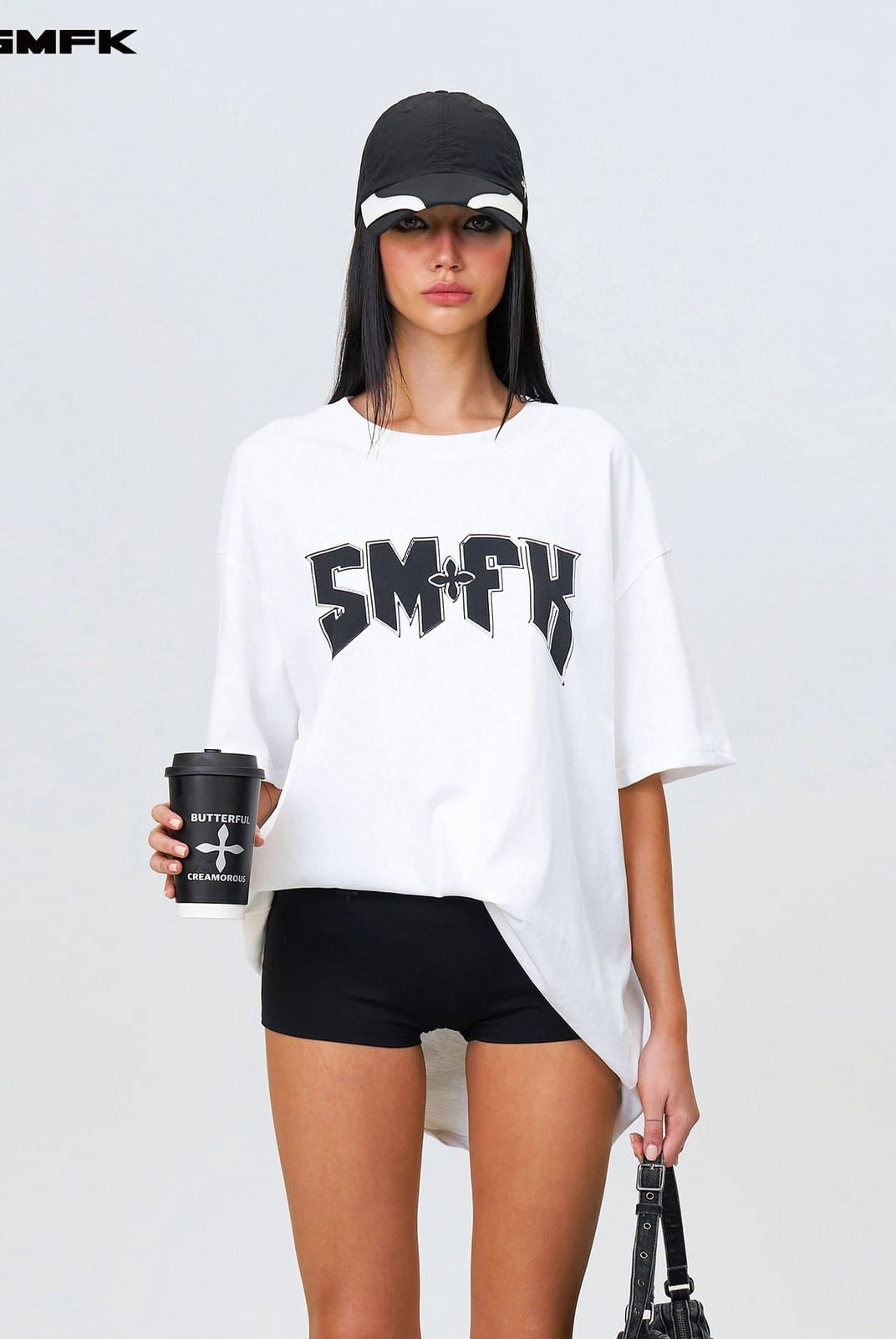 SMFK Metallic Logo Cotton T Shirt in White - On Female Model
