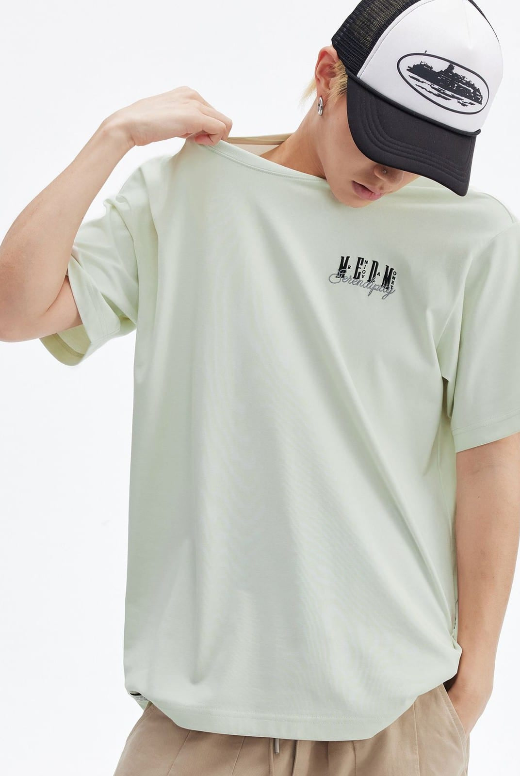 MEDM Cooling Cotton Blend T Shirt in Mint - On Male Model