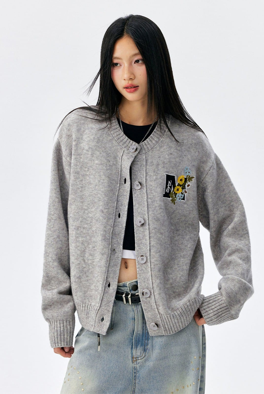 MEDM Floral Embroidered Knit Cardigan in Gray - On Female Model