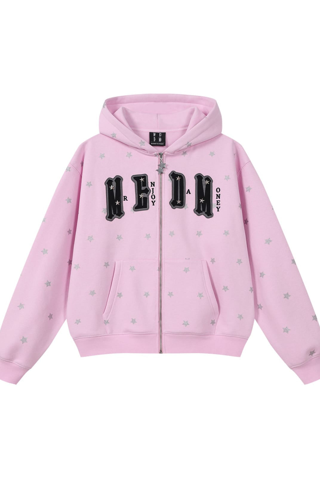 MEDM Fleece Lined Star Print Zip Hoodie in Pink