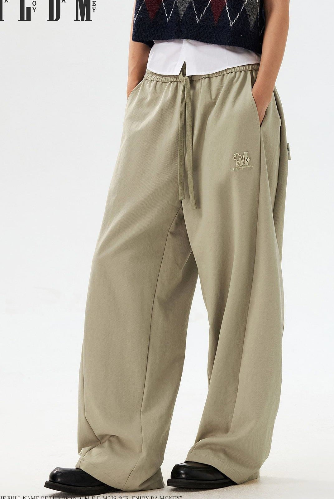 MEDM Spliced Drawstring Wide Leg Trousers in Beige - On Model