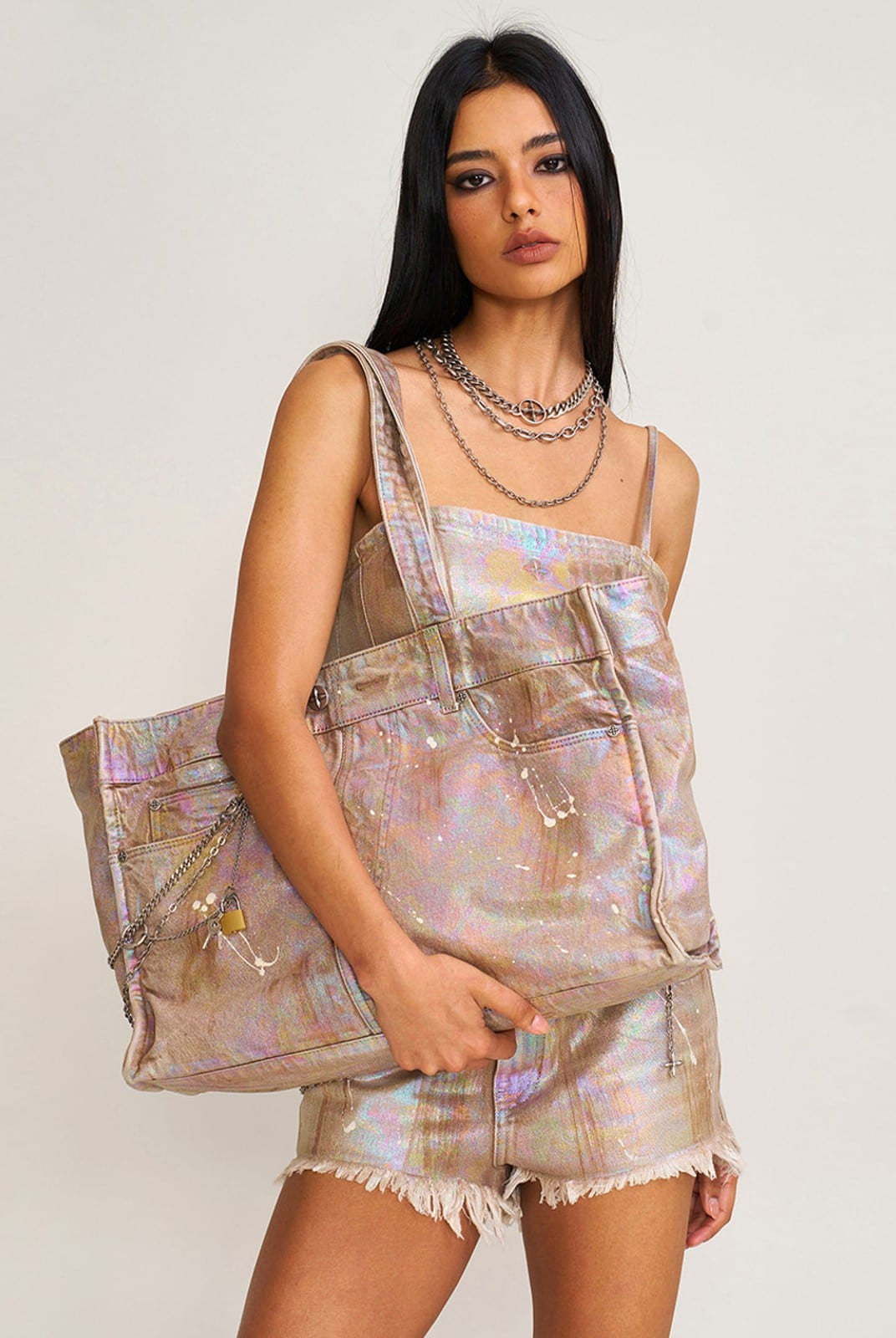 SMFK Distressed Denim Chain Tote Bag in Dreamland - On Female Model