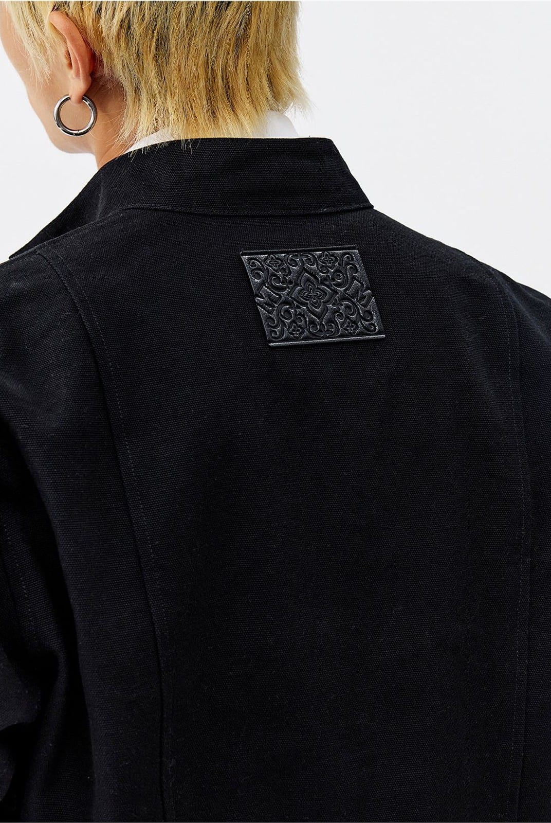 MEDM Plaid Collar Cotton Zip Up Jacket in Black - On Model