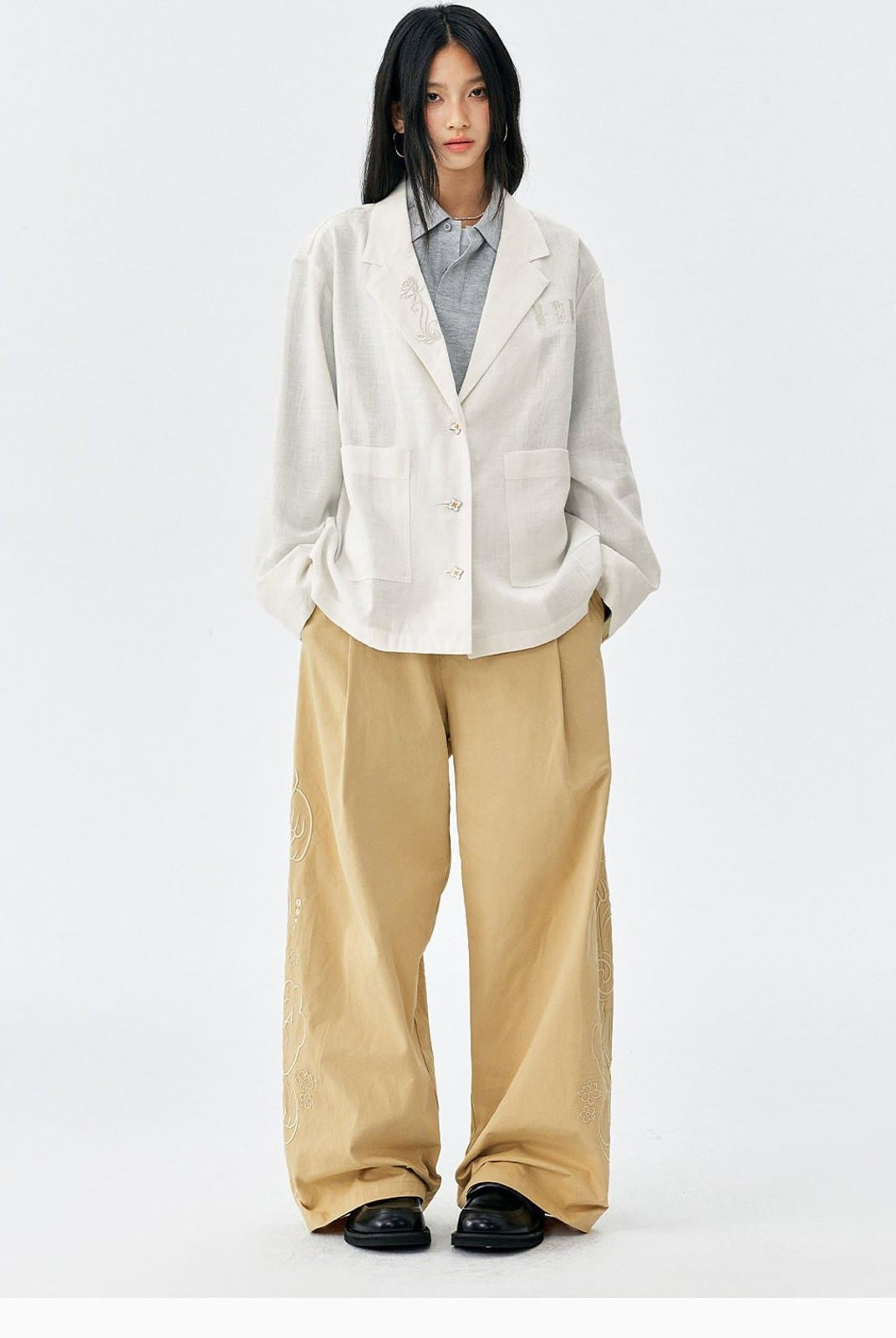 MEDM Embroidered Cotton Cargo Pants in Beige - On Female Model