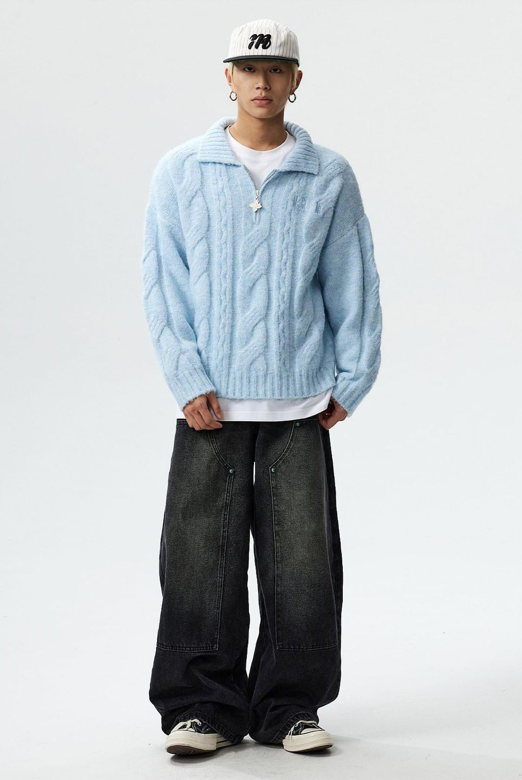 MEDM Cable Knit Quarter Zip Sweater in Sky Blue - On Male Model