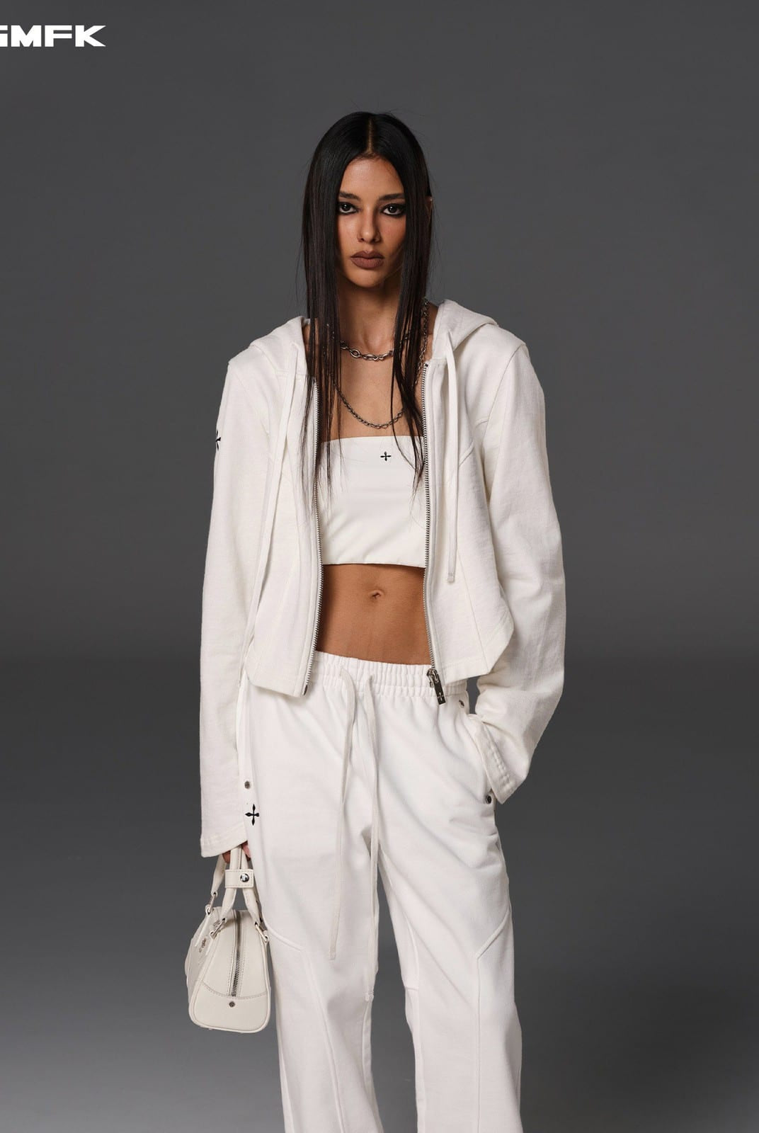 SMFK Cotton Blend Zip Up Hoodie in White - On Female Model