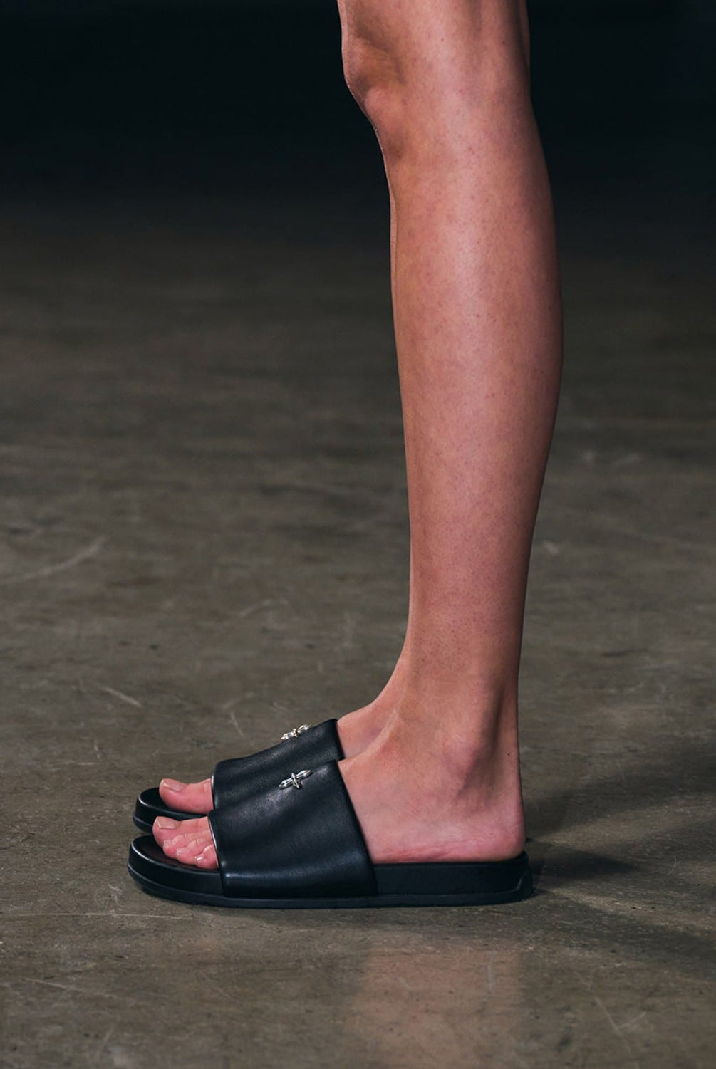 SMFK Leather Cross Detail Slide Sandals in Black - On Model