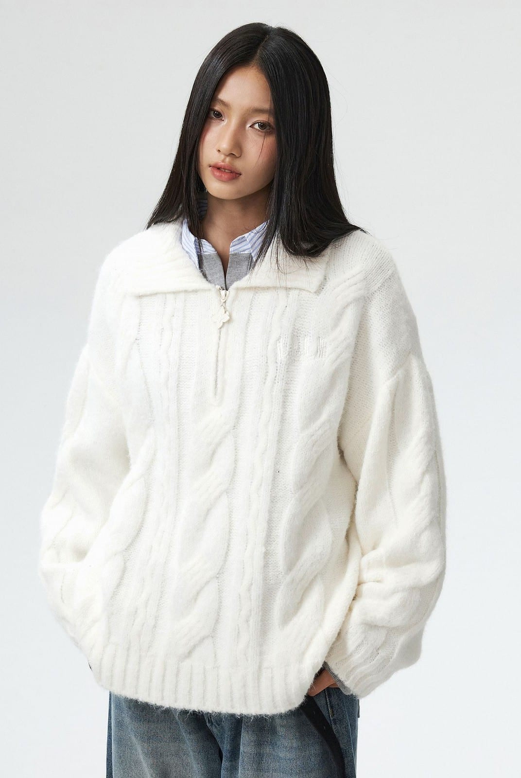 MEDM Cable Knit Quarter Zip Sweater in White - On Female Model