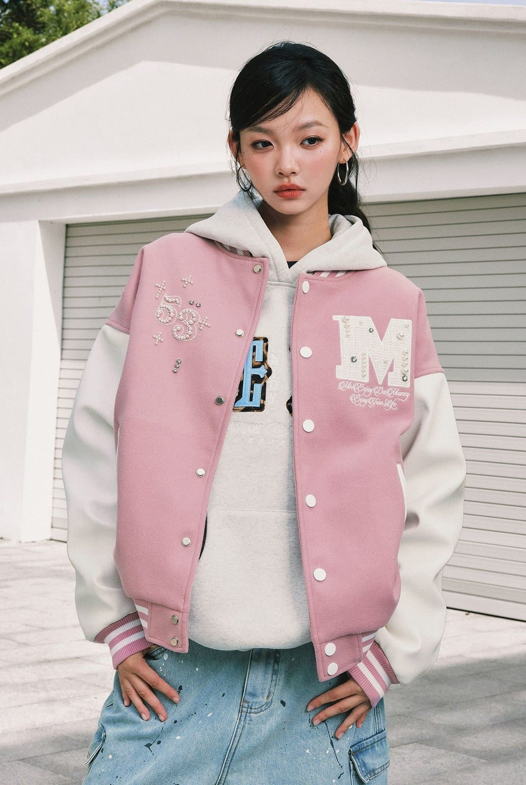 MEDM Pearl Embellished Varsity Jacket in Pink - On Female Model