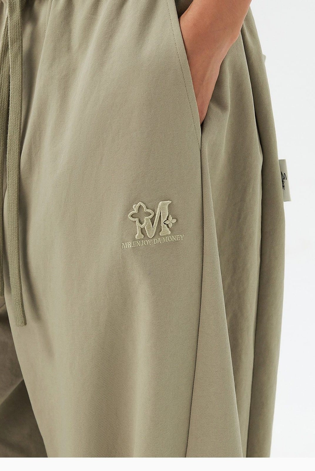 MEDM Spliced Drawstring Wide Leg Trousers in Beige - On Model