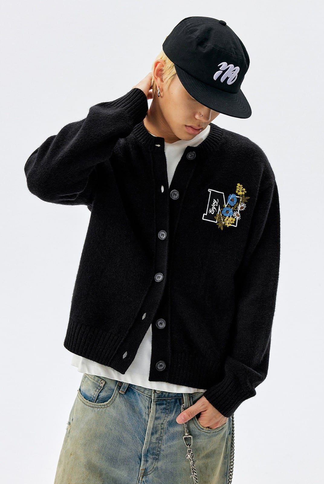 MEDM Floral Embroidered Knit Cardigan in Black - On Male Model