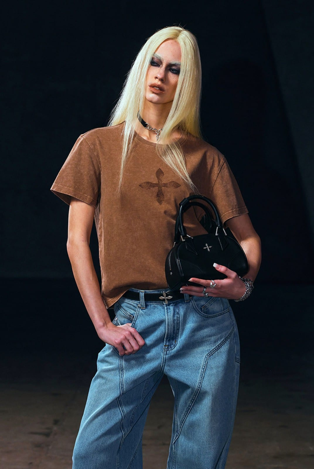 SMFK Vintage Wash Cross Graphic T Shirt in Brown - On Female Model