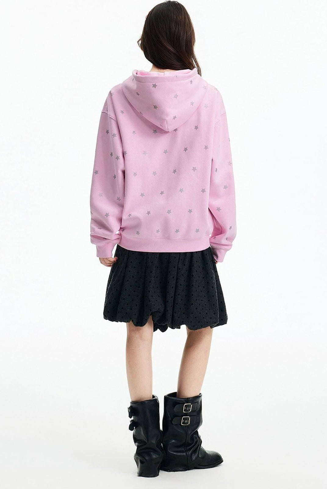 MEDM Fleece Lined Star Print Zip Hoodie in Pink - On Model