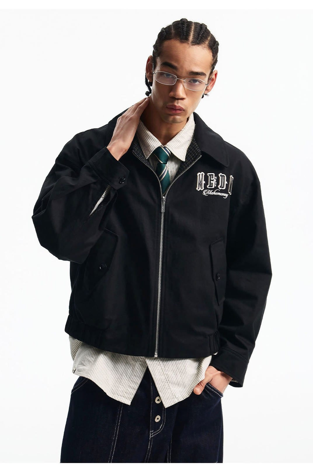MEDM Reversible Cotton Zip Up Barn Jacket in Black - On Male Model